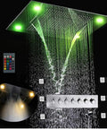 Brushed Nickel Recessed LED Rainfall Shower System With Thermostatic Valve And Handheld Sprayer Slick Flush Mount Design with LED lights