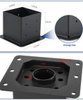 Close-up of 6x6 post base set of 4 with inner 5.6x5.6 post anchors, 13 gauge solid steel, black powder coated, showing dimensions and drainage hole.