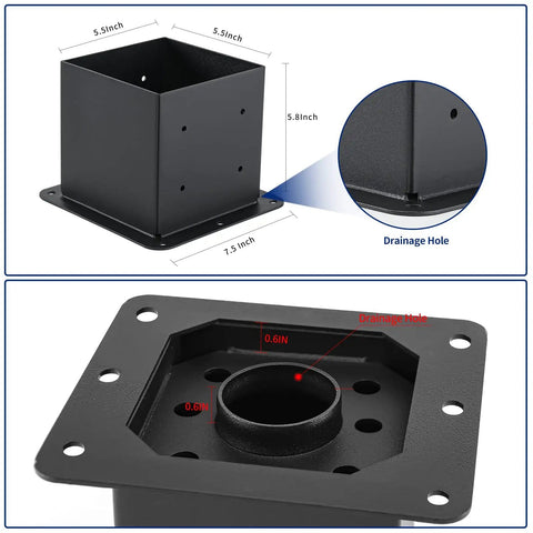 Close-up of 6x6 post base set of 4 with inner 5.6x5.6 post anchors, 13 gauge solid steel, black powder coated, showing dimensions and drainage hole.