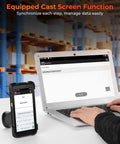 Android 13 Pistol Grip Barcode Scanner With Wi Fi 6 Handheld Mobile Computer next to laptop showing synchronized data