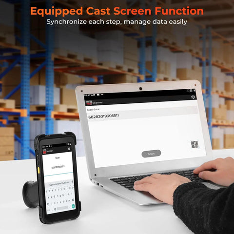 Android 13 Pistol Grip Barcode Scanner With Wi Fi 6 Handheld Mobile Computer next to laptop showing synchronized data