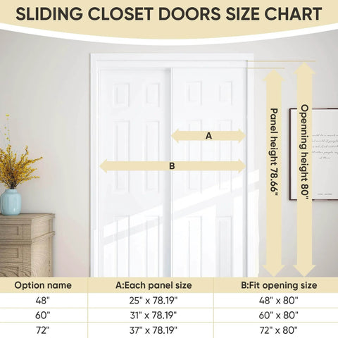 Sliding Closet Door Set 72x80 With Double 37 Panels, Six Panel Steel Frame Bypass Door, Primed And Preassembled, Size Chart