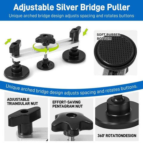 Paintless Car Dent Repair Kit With Golden Lifter, Bridge Puller And Slide Hammer T Bar showing adjustable silver bridge puller