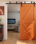 Ceiling Mount Sliding Barn Door Hardware Kit For Low Ceiling Spaces With L Shape Bracket System Fits 36 Inch Wide Single Wood Doors Heavy Duty Carbon Steel Hangers Supports Up To 220 Lb Per Door installed in living room with wooden door