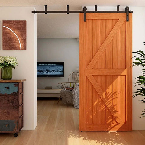 Ceiling Mount Sliding Barn Door Hardware Kit For Low Ceiling Spaces With L Shape Bracket System Fits 36 Inch Wide Single Wood Doors Heavy Duty Carbon Steel Hangers Supports Up To 220 Lb Per Door installed in living room with wooden door
