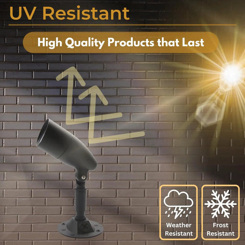 LED Outdoor Flood Light 10W Hardwired Spotlight, waterproof security light with UV resistance, black exterior on brick wall.