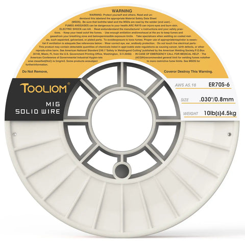 0.030 Inch ER70S-6 MIG Welding Wire 10Lb Spool For Solid Carbon Steel, 0.8mm, showing spool with label details