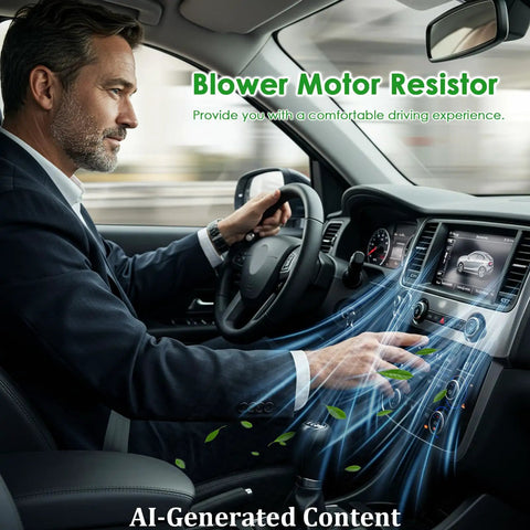 Driver adjusting climate controls with HVAC Heater Blower Motor Resistor for Hyundai Santa Fe Sonata Optima Hybrid and Soul EV.