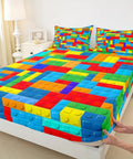 Colorful Brick Pattern Twin Size Fitted Sheet Set With Pillowcase For Kids Teens And Adults Geometric Patchwork Bedding In Soft Microfiber Material For A Dope Chic Modern Bedroom Vibe, twin bed view