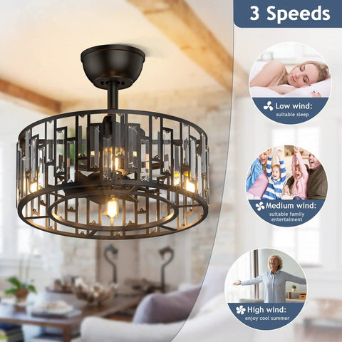 Dope Matte Black Crystal Cage Ceiling Fan With Light, Industrial Farmhouse Vibe, 8 ABS Blades, 3-speed settings