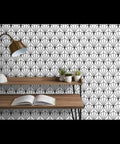 Top Shelf Black And White Pvc Free Type Ii Professional Wallpaper With Fresh Matte Linen Texture, showing a patterned wall above a desk.