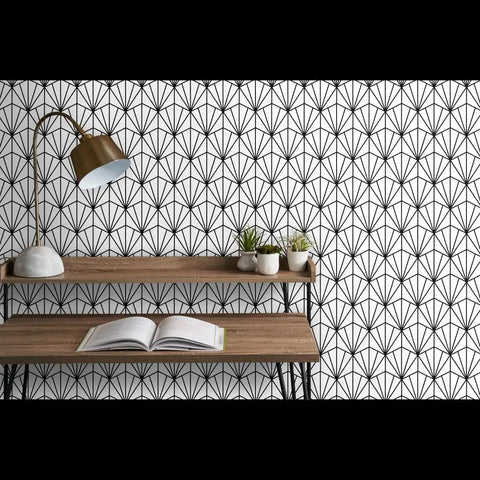 Top Shelf Black And White Pvc Free Type Ii Professional Wallpaper With Fresh Matte Linen Texture, showing a patterned wall above a desk.