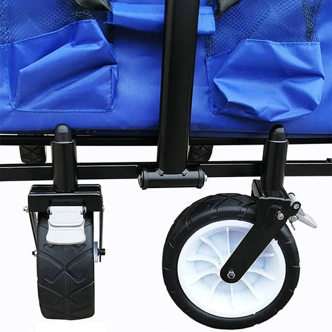 Close-up of durable steel frame and wheels of Heavy Duty Beach Trolley Foldable Cart For Beach Trips And Camping, Push Pull Rod Design