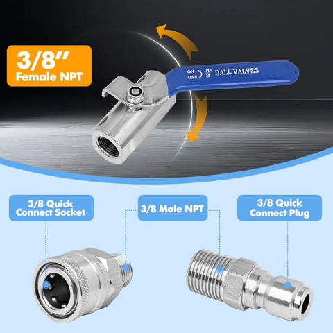 LSORPWK pressure washer ball valve with blue handle; stainless steel body, 3/8 in female NPT quick-connects