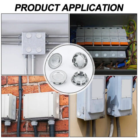 Heavy Duty Beefy Half Inch Knockout Seals For Electrical Boxes Snap In Place Steel Wire Mesh Rings visible in various electrical box applications.
