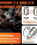Heavy Duty Grommet Kit For Tarp Repair And Installation showing 12mm and 10mm grommet sizes with magnetic grommet plier in use