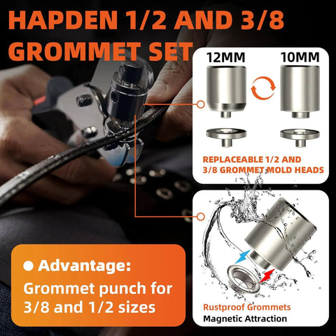 Heavy Duty Grommet Kit For Tarp Repair And Installation showing 12mm and 10mm grommet sizes with magnetic grommet plier in use