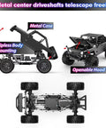 One Twelfth Scale Brushless 4X4 RC Rock Crawler With Metal Cased Body, waterproof off road truck showing portal axles and open hood