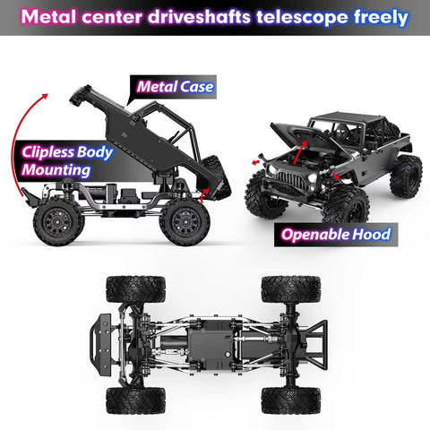One Twelfth Scale Brushless 4X4 RC Rock Crawler With Metal Cased Body, waterproof off road truck showing portal axles and open hood