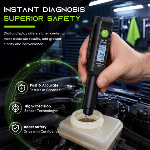 Hella Accurate Brake Fluid Tester Pen With Built In Alarm Warning For Quick Water Content Checks On Dot3 Dot4 Dot5.1 Hydraulic Systems And Rust Resistant Probe above brake fluid reservoir.