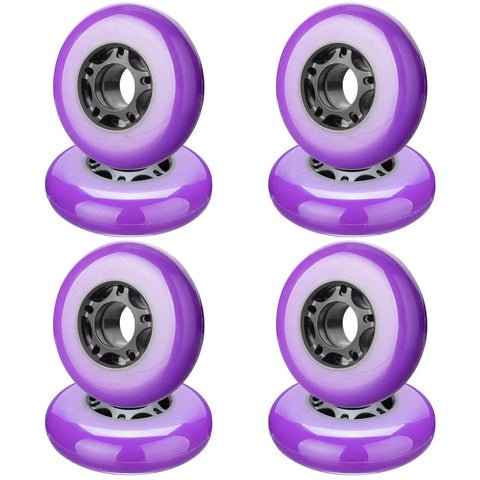 8 Pack Inline Skate Wheels Set For Roller Blades Scooters RipStik Replacement 64mm 70mm 72mm 76mm 80mm 85A Durable Purple Polyurethane No Bearings Or Spacers Included For Outdoor Indoor Use, featuring purple stacked wheels.