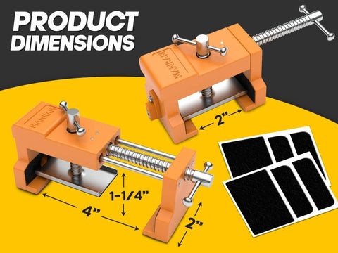 Two Pack Cabinet Clamps With Protective Case Pro Grade Solid Cast Steel Construction Built In Drill Guide With EVA Pads on yellow