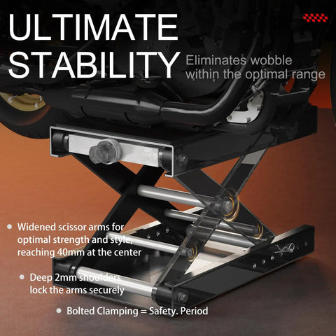 Beefy Heavy Duty Motorcycle Scissor Lift Jack 1100 Lbs Capacity with Upgraded M16 Screw in use, holding motorcycle stable