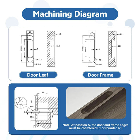 Machining diagram for Heavy Hitter Hidden Door Hinges 2 Pack, detailing door leaf and frame specifications.