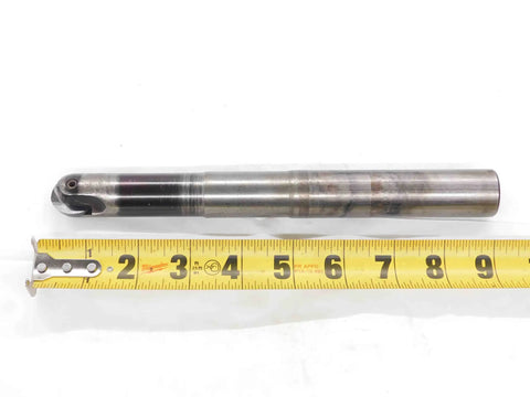 1 Inch Diameter Ball Nose End Mill, Indexable, 2 Flute Center Cut, 9 1 8 Inch Overall Length, 1 Inch Shank, beside tape measure