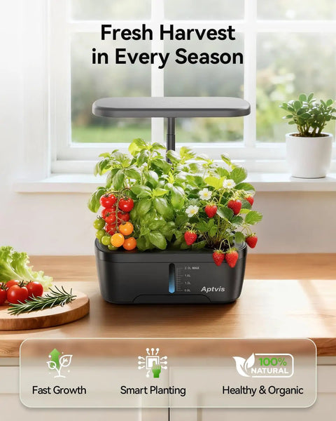Six Pod Indoor Hydroponics Garden System With LED Grow Light Auto Timer Height Adjustable Stand with herbs and tomatoes