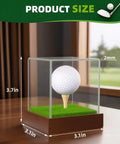 Epic Golf Ball Display Case With Clear Acrylic Cube And Solid Wood Base shown in size dimensions on desk.
