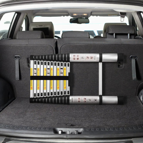 Foldable Telescoping Ladder for Home and Outdoors, EN131 Compliant Aluminum Extension Ladder, 12.5 Feet Reach in car trunk