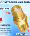 Front view of RV Water Heater Backflow Preventer With 1/2 In NPT Double Male Threads Lead Free Brass Check Valve For Safe Potable Water In RVs Campers Motorhomes And Trailers NSF Compliant showing brass construction and thread details.