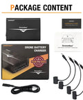 Contents of Mavic Pro Drone Battery Charger Hub Four Independent Rails With Two USB Ports including cables and manual.