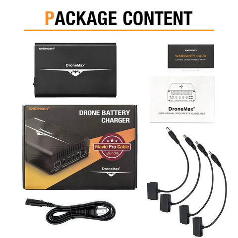 Contents of Mavic Pro Drone Battery Charger Hub Four Independent Rails With Two USB Ports including cables and manual.