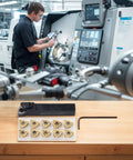 Heavy Duty Lathe Turning Tool With New Bracket For Precision Turning Includes 10 Carbide Inserts WNMG432 And WNMG080408 on workbench.