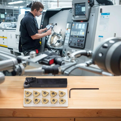 Heavy Duty Lathe Turning Tool With New Bracket For Precision Turning Includes 10 Carbide Inserts WNMG432 And WNMG080408 on workbench.