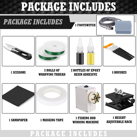 Pro Grade 15 Piece Fishing Rod Repair Kit With Slick Wrapping Machine And Winding Tools, includes scissors, adhesives, winding machine.