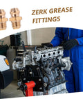 Mechanic using 25 Piece Grease Zerk Fitting Assortment Kit With Straight And Angled Copper Threaded Nozzles on engine block