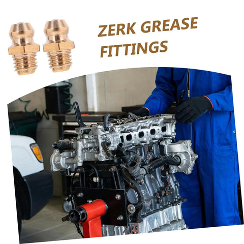 Mechanic using 25 Piece Grease Zerk Fitting Assortment Kit With Straight And Angled Copper Threaded Nozzles on engine block