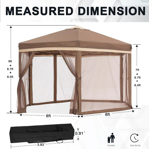 Pop Up Canopy Tent 10x12 With Mesh Walls Six Sides Gazebo Patented One Step Lock Tech No Tools Needed Easy Setup in khaki and brown.