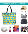 Big Lightweight Tote For Women With Cool Duck Sunglasses Print Reusable Foldable Travel Shoulder Bag Water Repellent Polyester Everyday Carry For Work Shopping And Daily Errands shown with accessories for daily use.