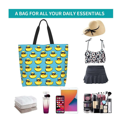 Big Lightweight Tote For Women With Cool Duck Sunglasses Print Reusable Foldable Travel Shoulder Bag Water Repellent Polyester Everyday Carry For Work Shopping And Daily Errands shown with accessories for daily use.