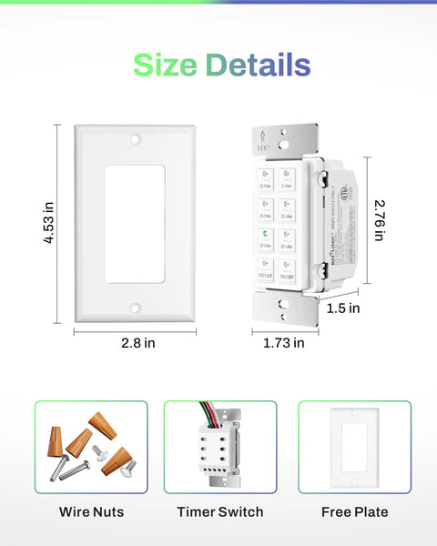 Countdown Digital Wall Timer Switch For Exhaust Fans And Lights, Six Preset Options, dimensions and components displayed