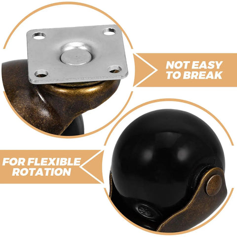 Heavy Duty 2 Inch Swivel Ball Casters Rolls Smooth As Silk Dead Silent Metal Furniture Wheels Top Shelf Build, black ball and flat mounting plate.