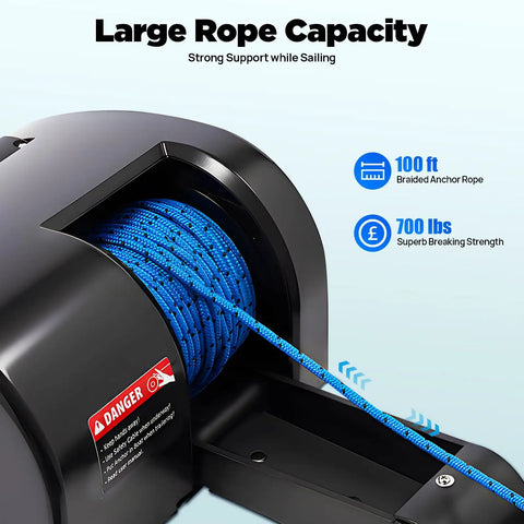 Heavy Duty 12V Marine Electric Anchor Winch With Wireless Remote For Small Boats Up To 24ft Includes Rope And Roller For Easy Docking showing 100ft braided anchor rope and strong support.