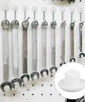 120 Pack White Pegboard Hook Stoppers Lock It Down And Keep Gear Secure Heavy Duty Silicone Safety Clips Halt Hook Drop Fits Standard Wall Mounts Garage Setup Routine with mounted wrenches.