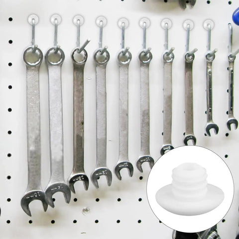 120 Pack White Pegboard Hook Stoppers Lock It Down And Keep Gear Secure Heavy Duty Silicone Safety Clips Halt Hook Drop Fits Standard Wall Mounts Garage Setup Routine with mounted wrenches.