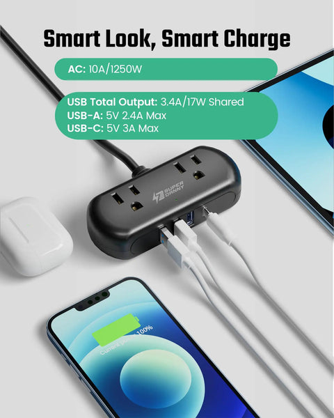 Six In One Charging Station With USB C And USB A Ports, Two Wide Spaced 110V Outlets, 5 Ft Flat Plug Extension Cord in use