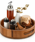 Straight Up Premium Acacia Wood Lazy Susan Turntable Organizer with Smooth 360 Degree Spin holding spices and condiments.